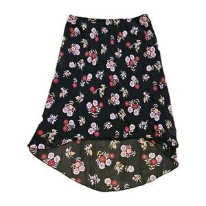 Vtg Floral Chiffon Midi Skirt Womens L Black Pink Hi-Low Gothic Ruffle Y2K Slip